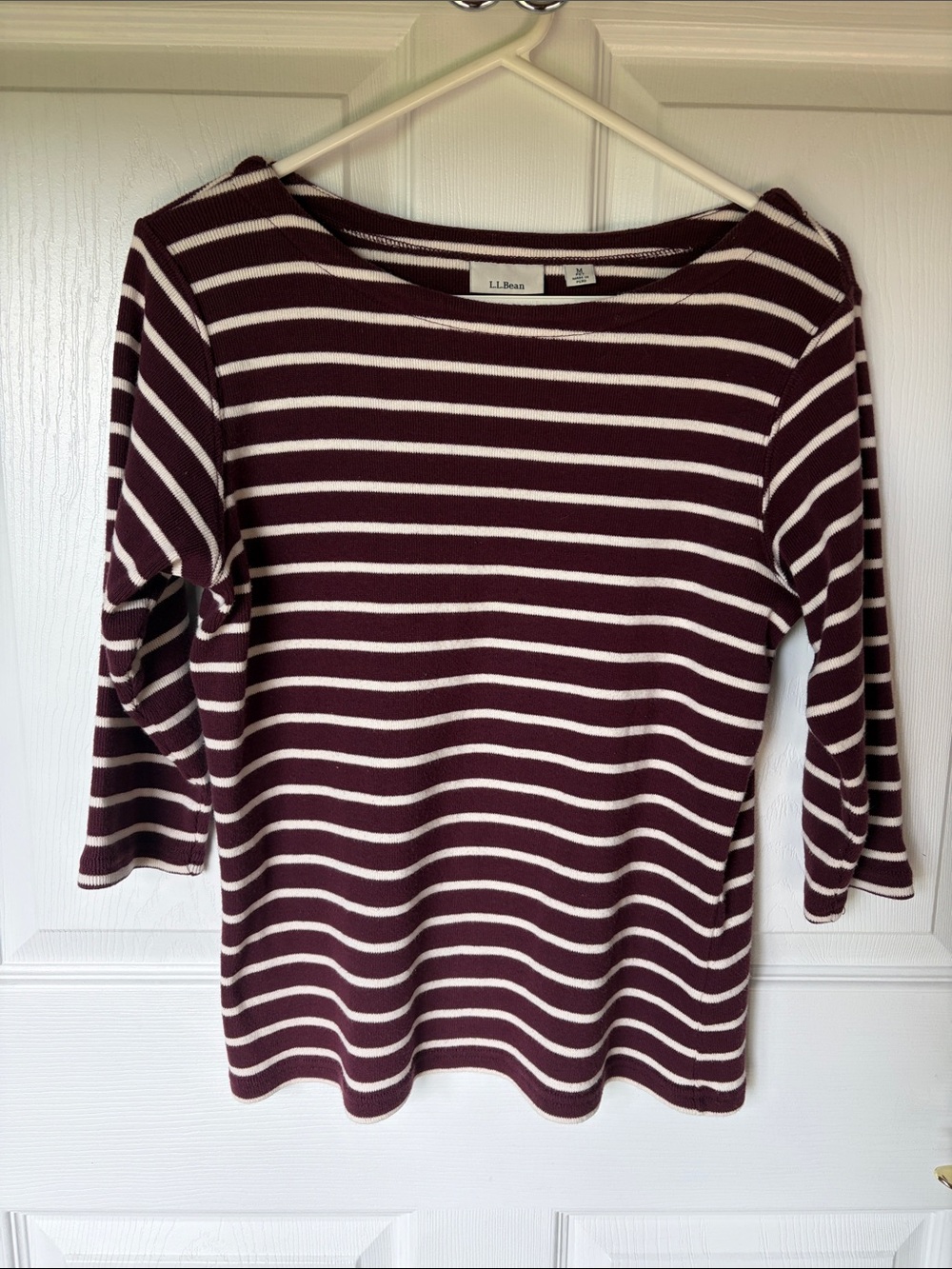 L.L. Bean Women's Burgundy and White Striped Boatneck Long Sleeve Top